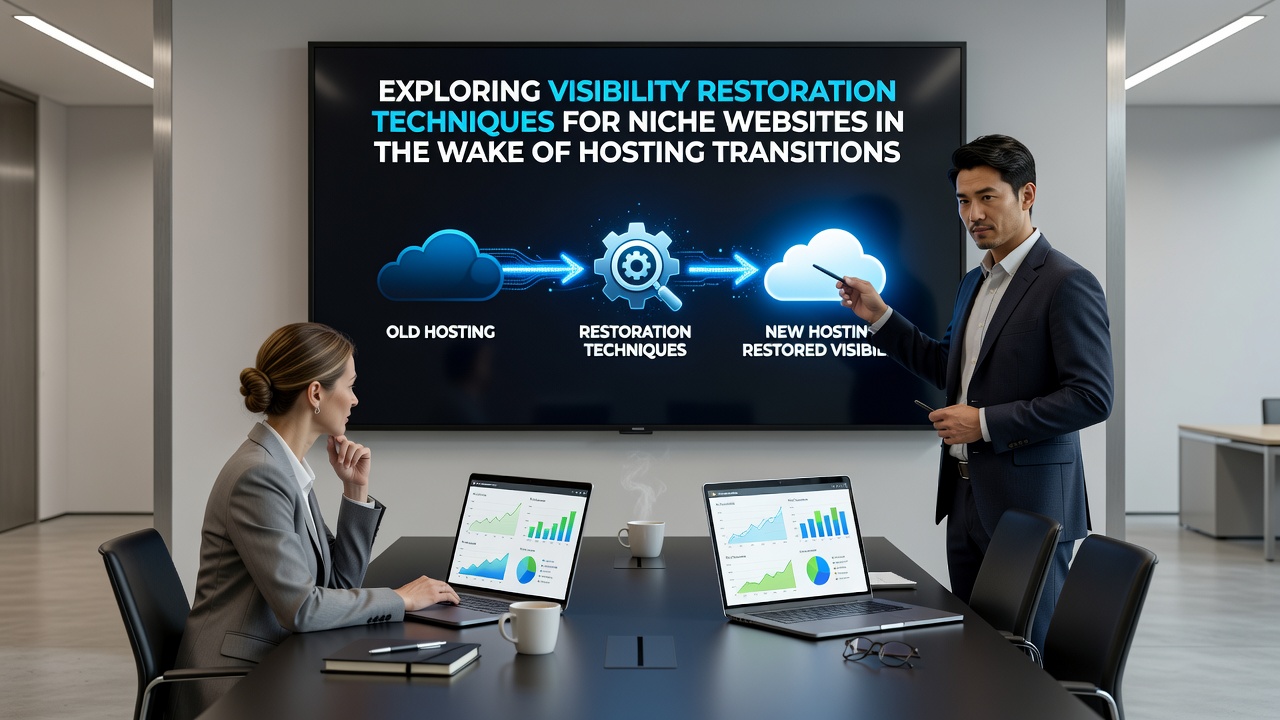 Technical team analyzing website server logs and visibility recovery data on multiple screens during a hosting transition project